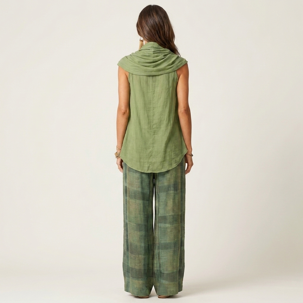 Sage | Draped Cowl-Neck Top & Plaid Wide-Leg Pants