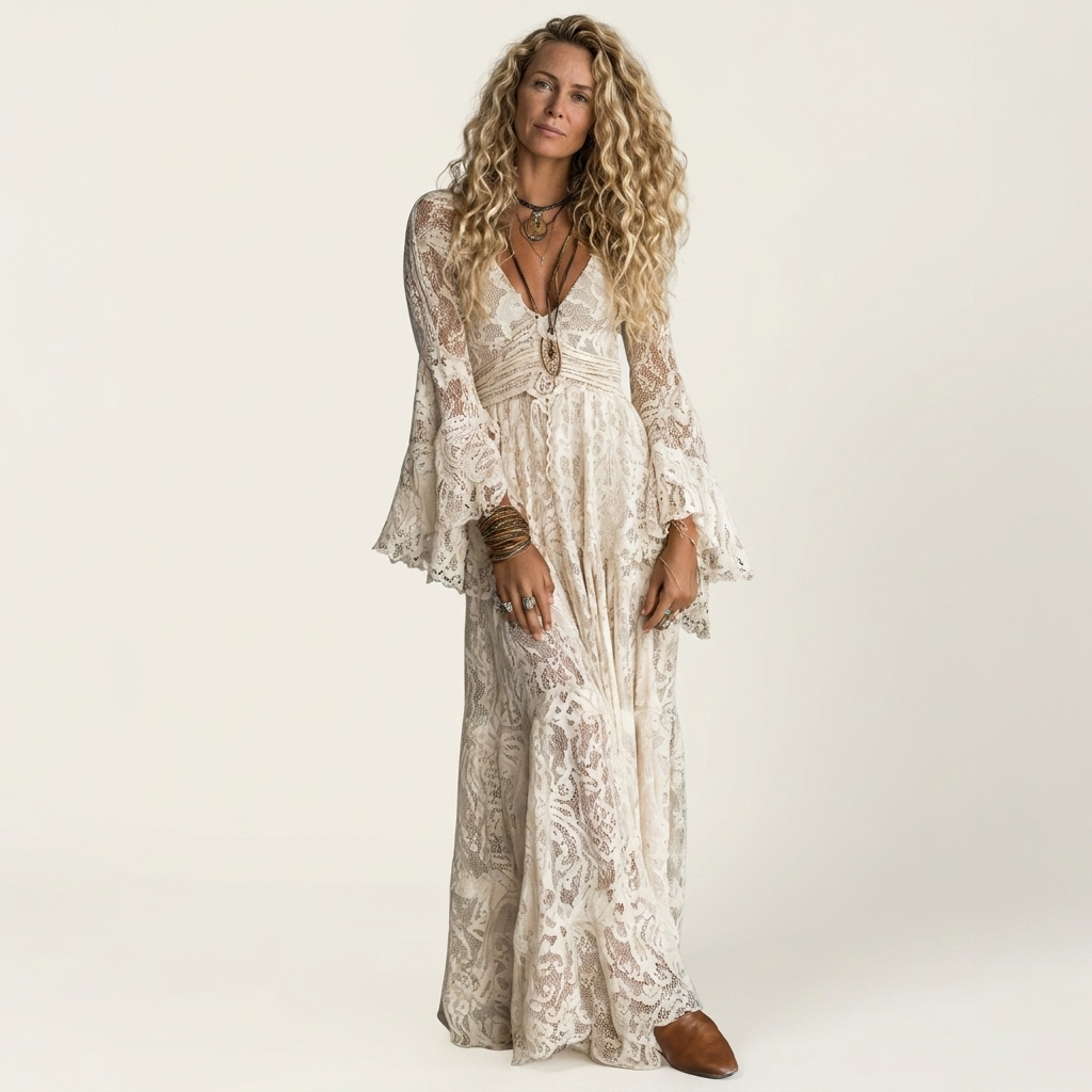 Philina | Deep V-Neck Lace Maxi Dress With Bell Sleeves