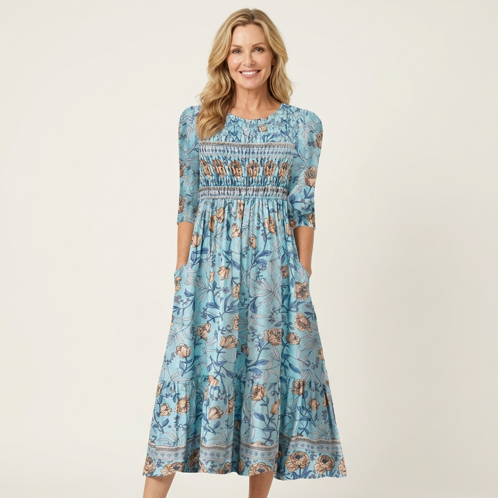 Charlene | Smocked Waist Floral Cotton Midi Dress With Pockets