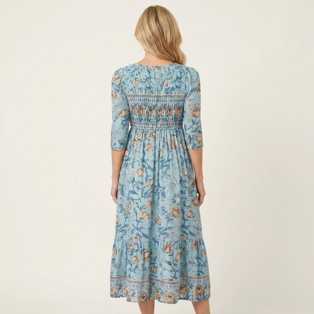 Charlene | Smocked Waist Floral Cotton Midi Dress With Pockets