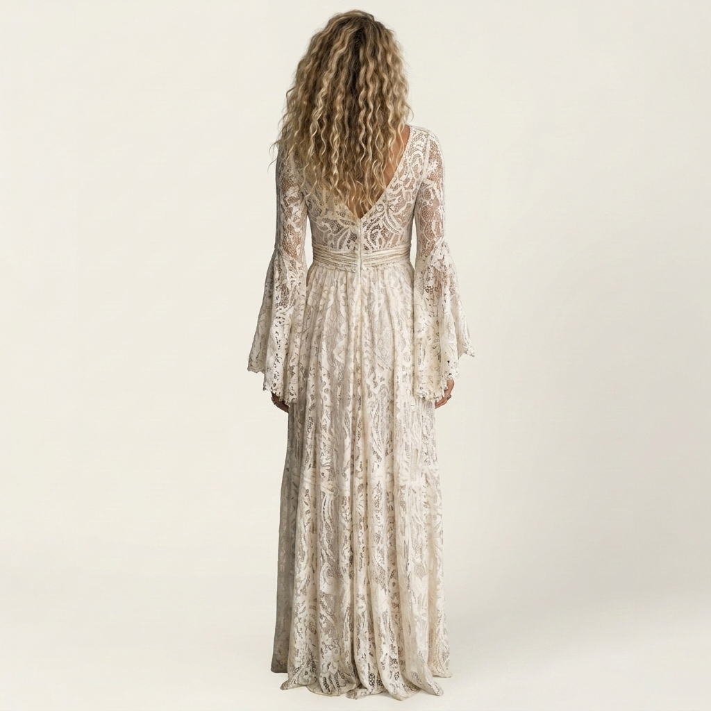 Philina | Deep V-Neck Lace Maxi Dress With Bell Sleeves