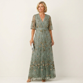 Elise | Embroidered Mesh Wrap Maxi Dress With Flutter Sleeves