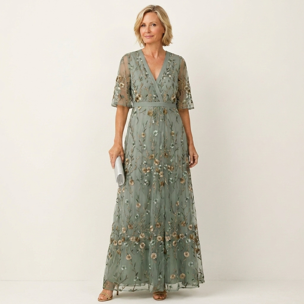 Elise | Embroidered Mesh Wrap Maxi Dress With Flutter Sleeves