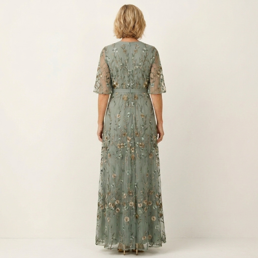 Elise | Embroidered Mesh Wrap Maxi Dress With Flutter Sleeves