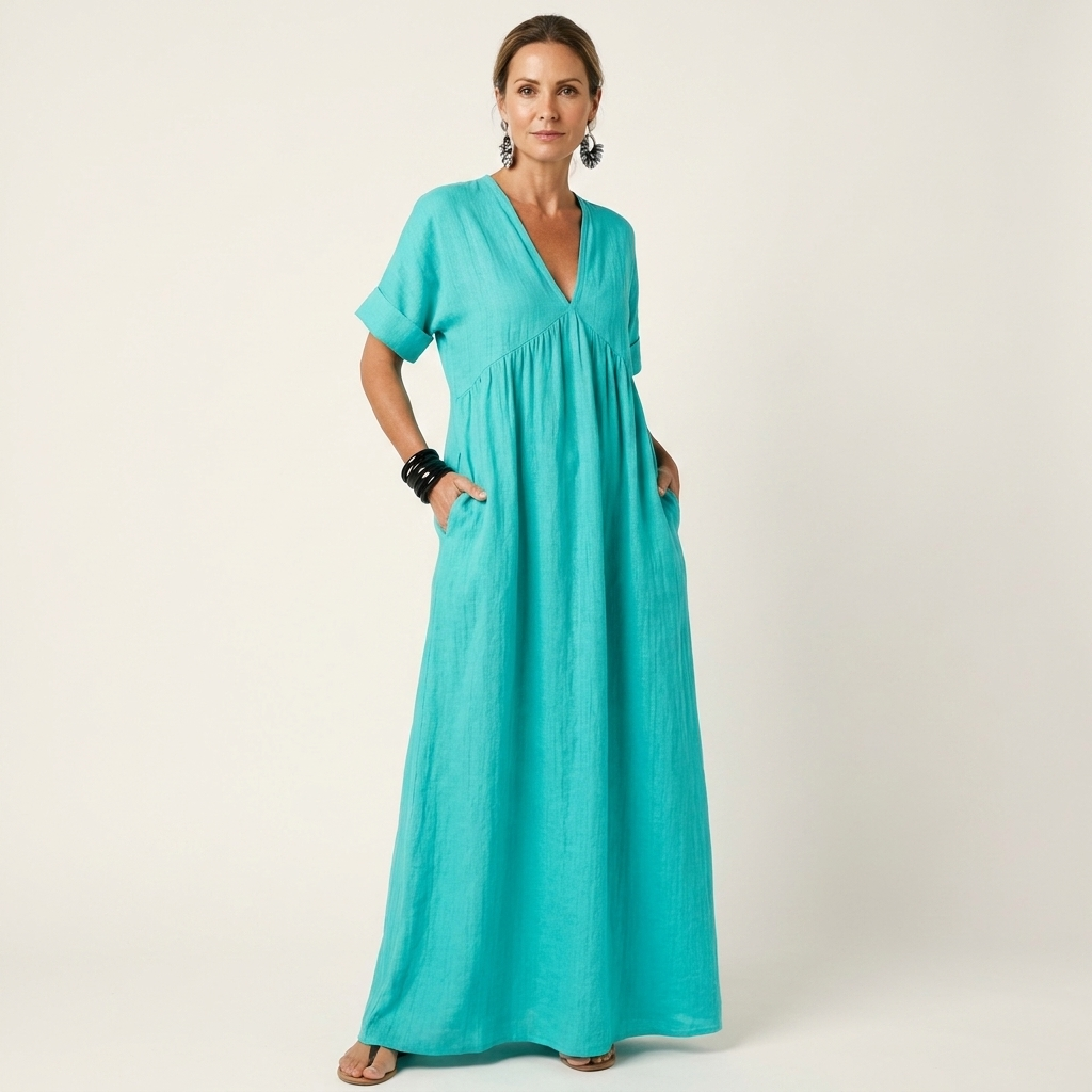 Sabina | V-Neck Short Sleeve Maxi Dress With Pockets