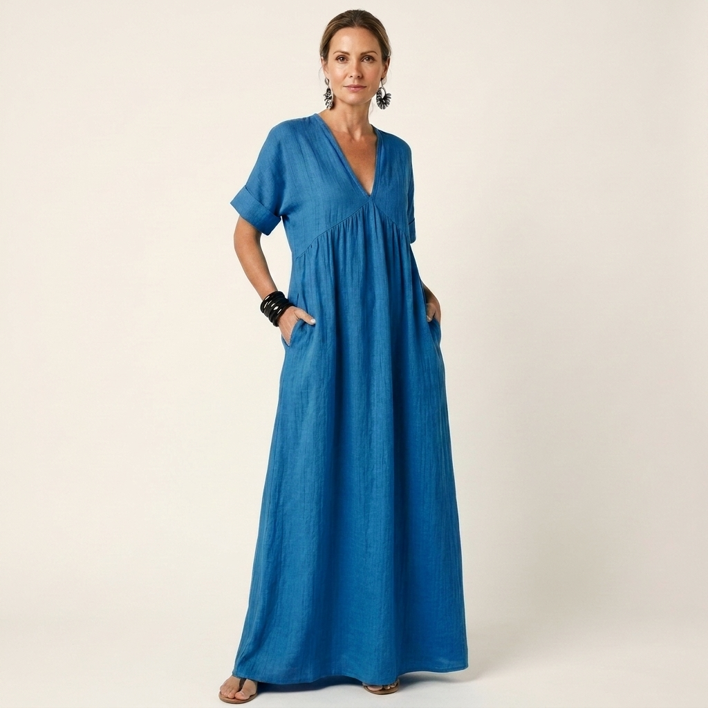 Sabina | V-Neck Short Sleeve Maxi Dress With Pockets