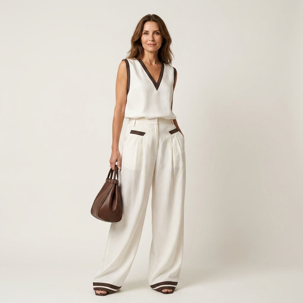 Aurelia | Contrast Trim V-Neck Top & Wide-Leg Pants Two-Piece Set