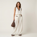 Aurelia | Contrast Trim V-Neck Top & Wide-Leg Pants Two-Piece Set