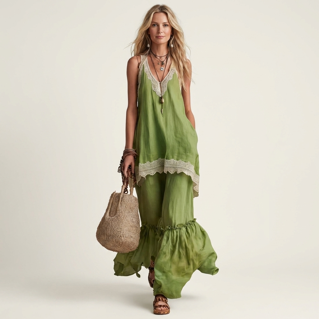 Beatrice | Lace-Trim V-Neck Top & Wide-Leg Pants Two-Piece Set