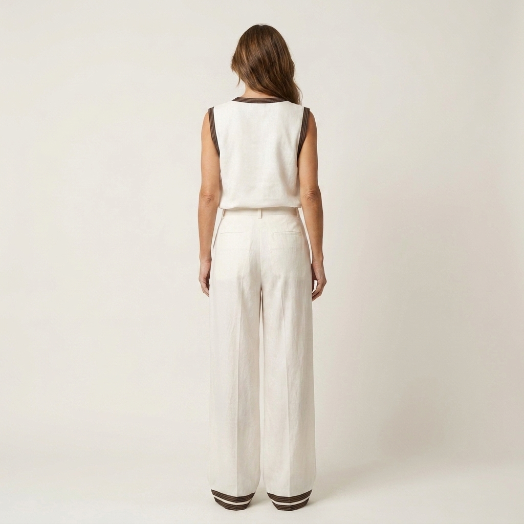 Aurelia | Contrast Trim V-Neck Top & Wide-Leg Pants Two-Piece Set