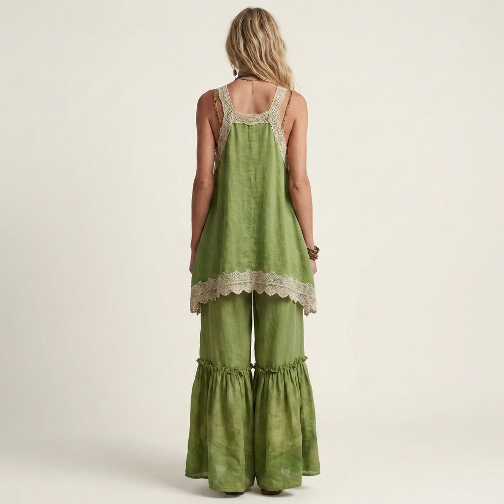 Beatrice | Lace-Trim V-Neck Top & Wide-Leg Pants Two-Piece Set