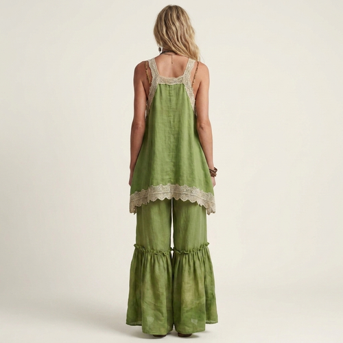 Beatrice | Lace-Trim V-Neck Top & Wide-Leg Pants Two-Piece Set