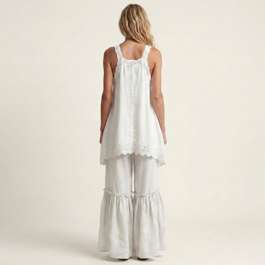 Beatrice | Lace-Trim V-Neck Top & Wide-Leg Pants Two-Piece Set