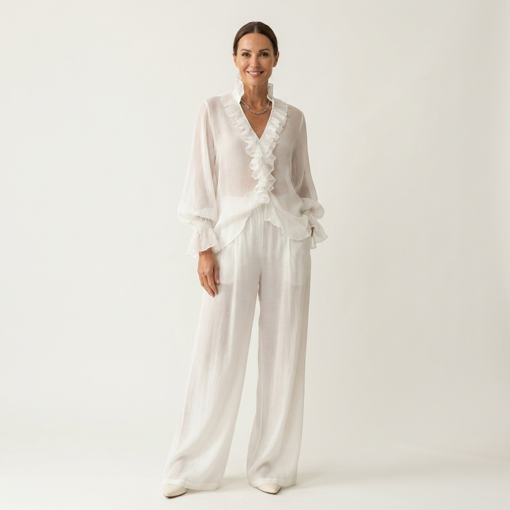 Azula | Ruffle V-Neck Balloon Sleeve Top & Wide-Leg Pants Two-Piece Set