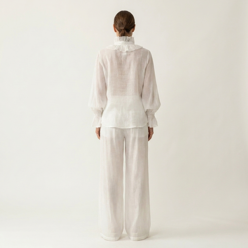 Azula | Ruffle V-Neck Balloon Sleeve Top & Wide-Leg Pants Two-Piece Set