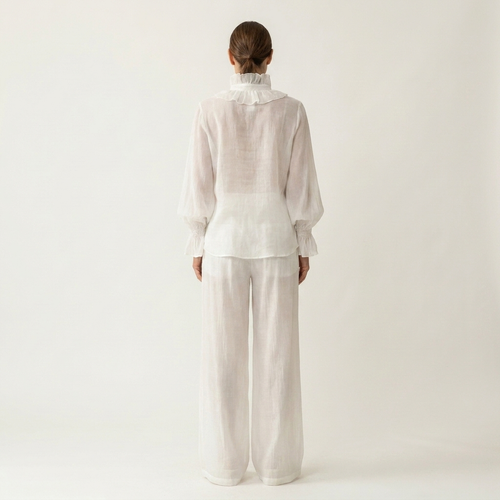 Azula | Ruffle V-Neck Balloon Sleeve Top & Wide-Leg Pants Two-Piece Set
