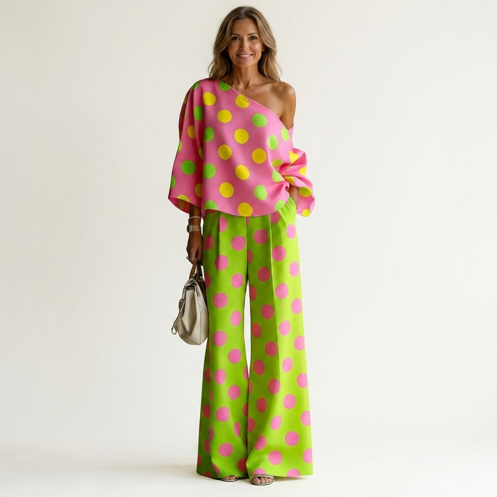 Olivia | Polka Dot One-Shoulder Top & Wide-Leg Pants Two-Piece Set