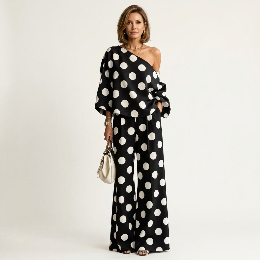 Olivia | Polka Dot One-Shoulder Top & Wide-Leg Pants Two-Piece Set