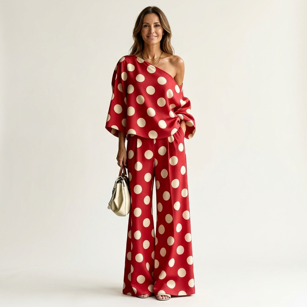Olivia | Polka Dot One-Shoulder Top & Wide-Leg Pants Two-Piece Set