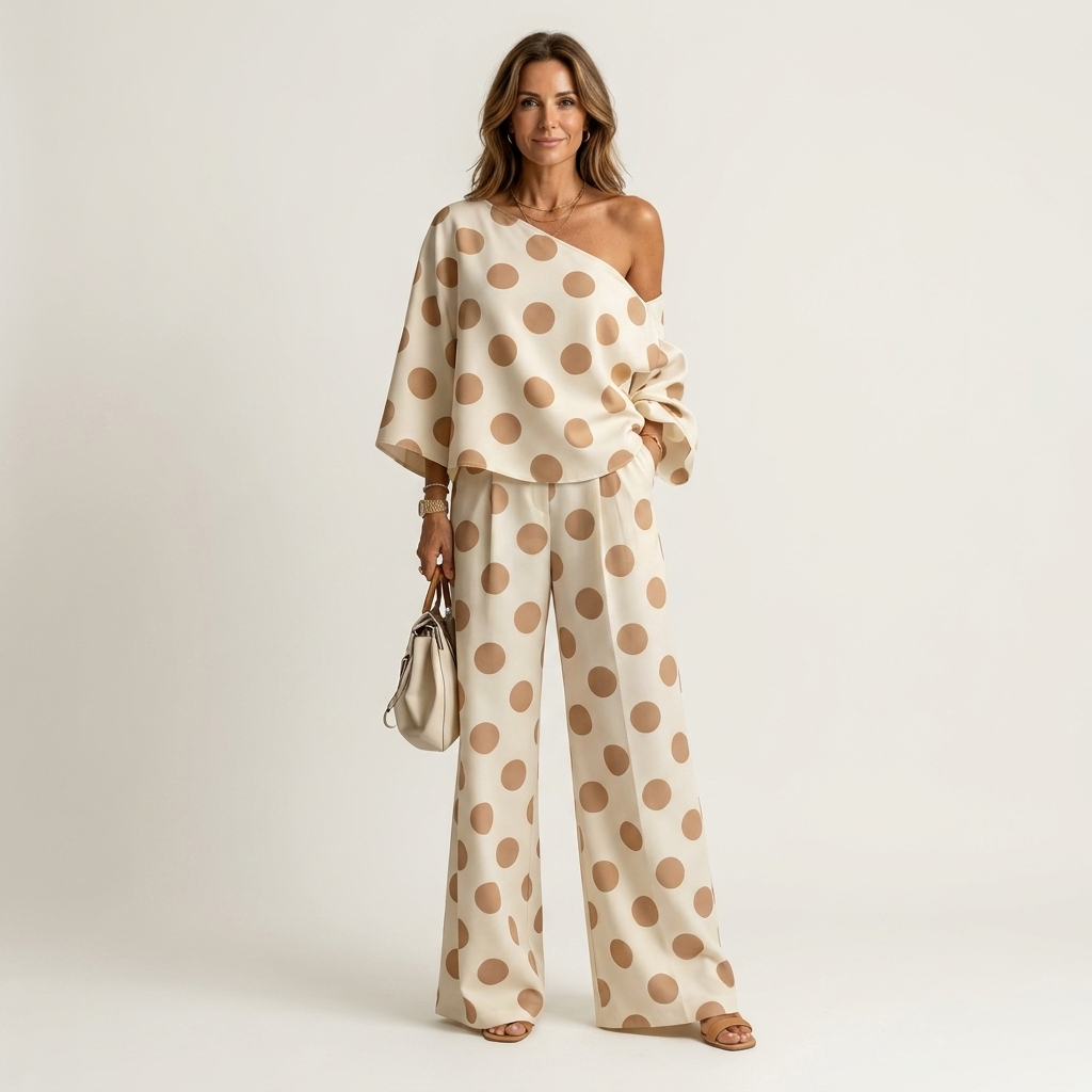 Olivia | Polka Dot One-Shoulder Top & Wide-Leg Pants Two-Piece Set