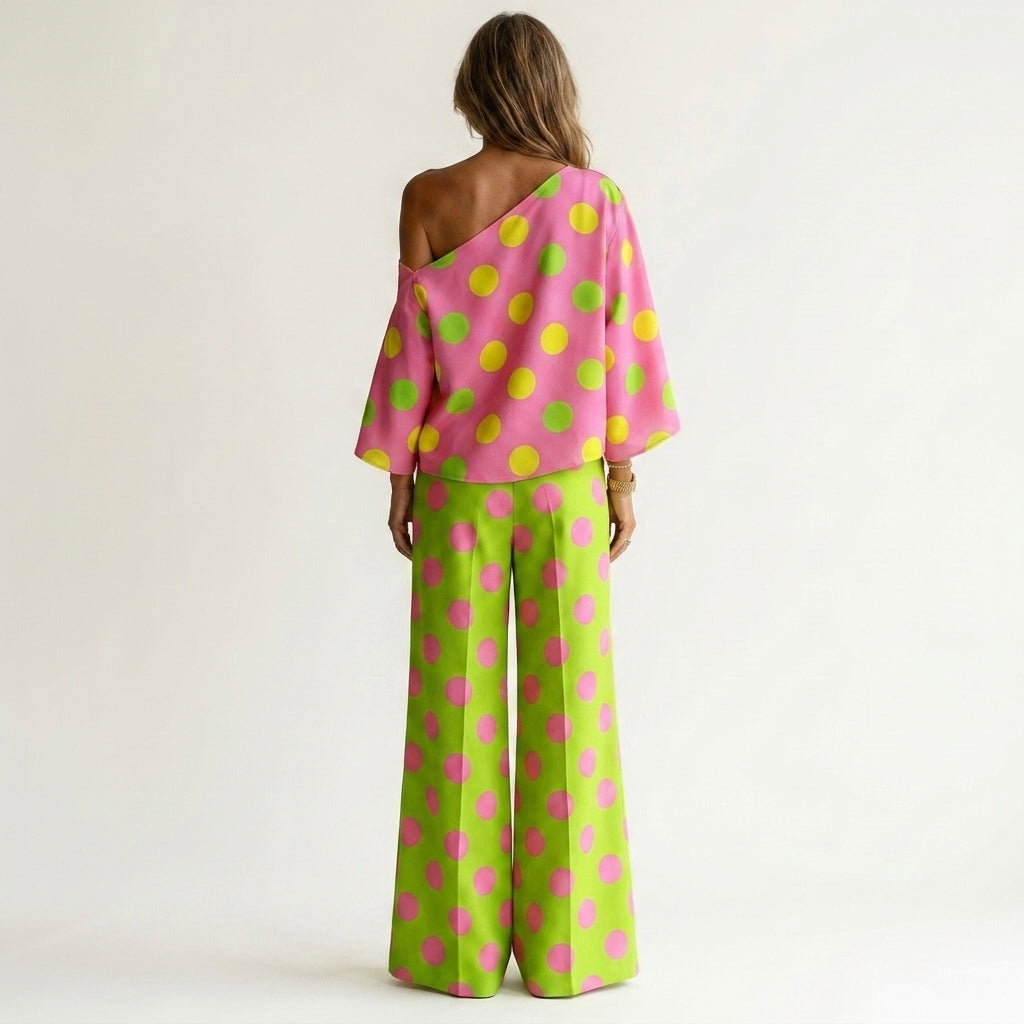 Olivia | Polka Dot One-Shoulder Top & Wide-Leg Pants Two-Piece Set