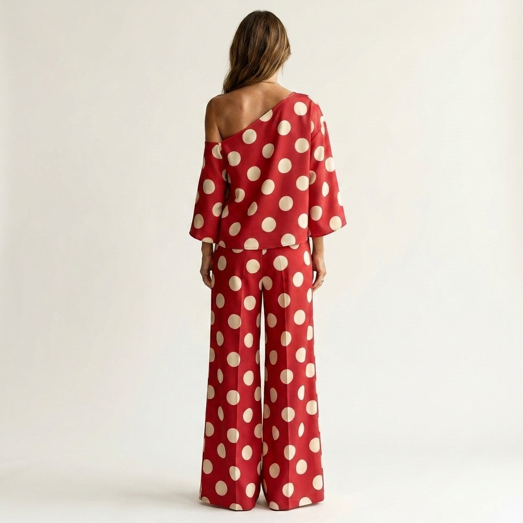 Olivia | Polka Dot One-Shoulder Top & Wide-Leg Pants Two-Piece Set