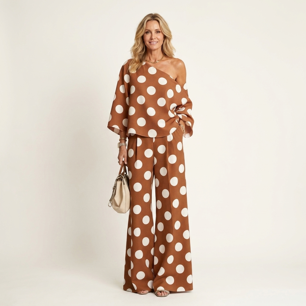 Olivia | Polka Dot One-Shoulder Top & Wide-Leg Pants Two-Piece Set