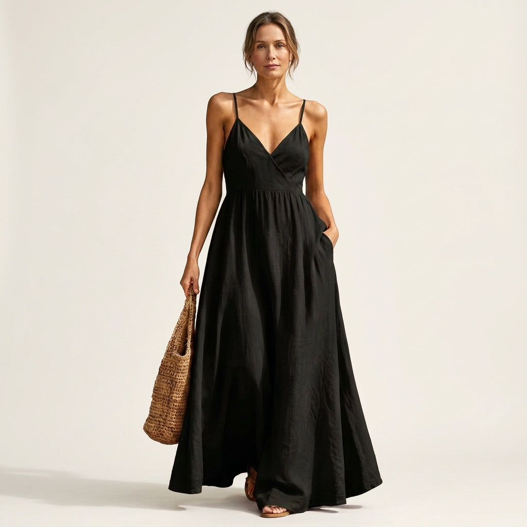 Malina | V-Neck Wrap Bodice Spaghetti Strap Maxi Dress With Pockets