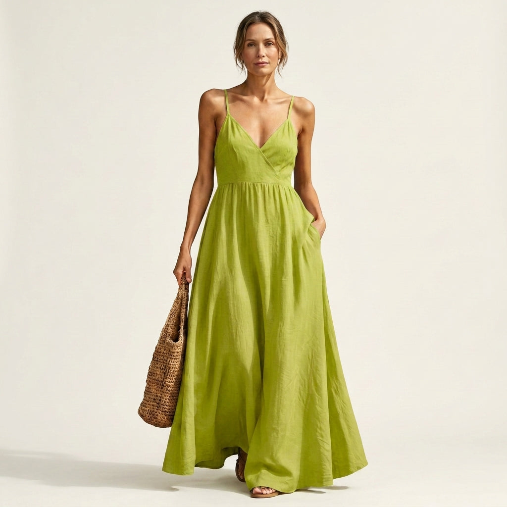 Malina | V-Neck Wrap Bodice Spaghetti Strap Maxi Dress With Pockets