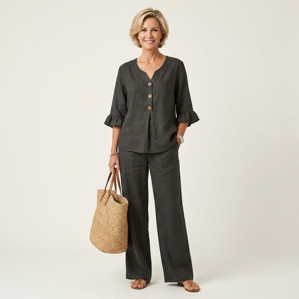 Veronica | Ruffle Sleeve Button-Front Top & Wide-Leg Pants Two-Piece Set