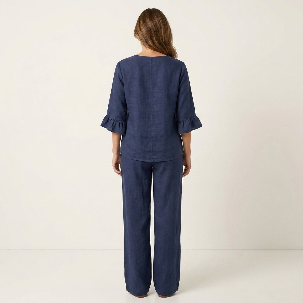 Veronica | Ruffle Sleeve Button-Front Top & Wide-Leg Pants Two-Piece Set