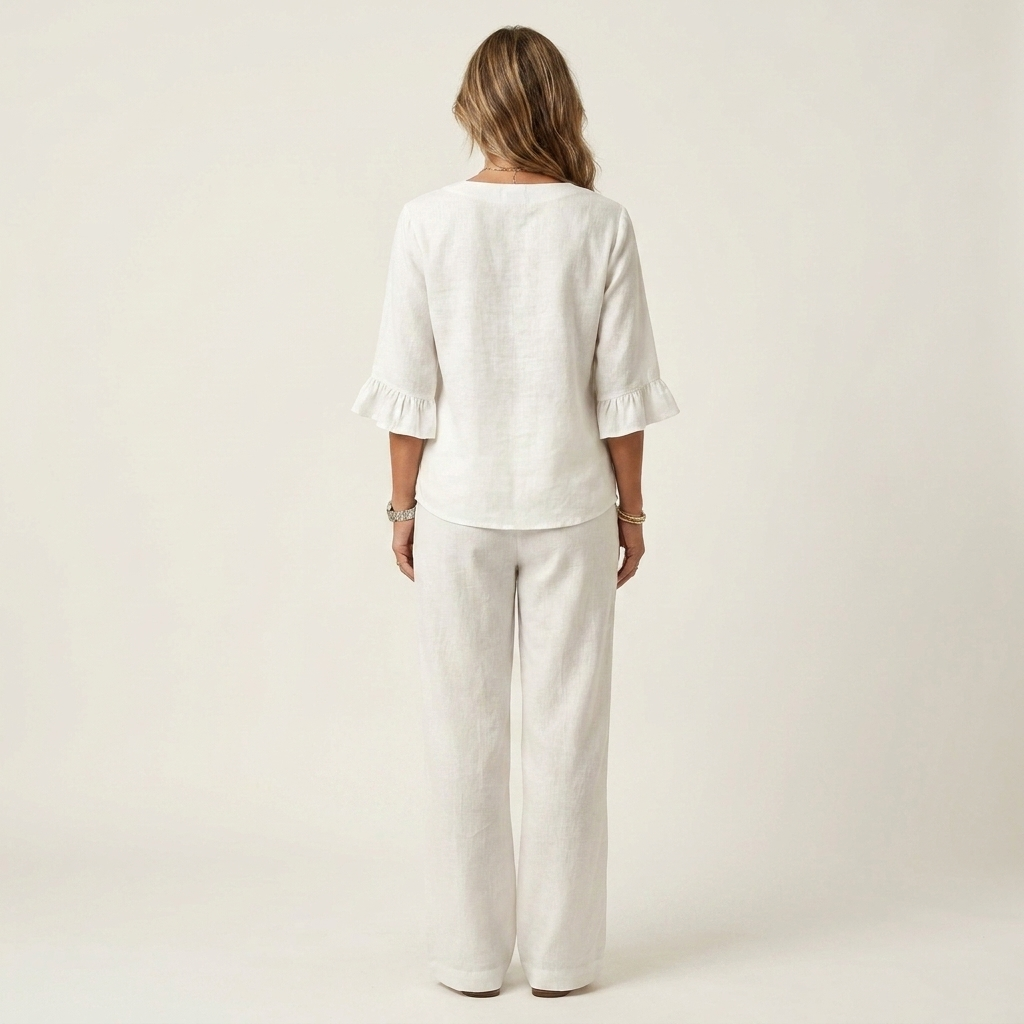 Veronica | Ruffle Sleeve Button-Front Top & Wide-Leg Pants Two-Piece Set