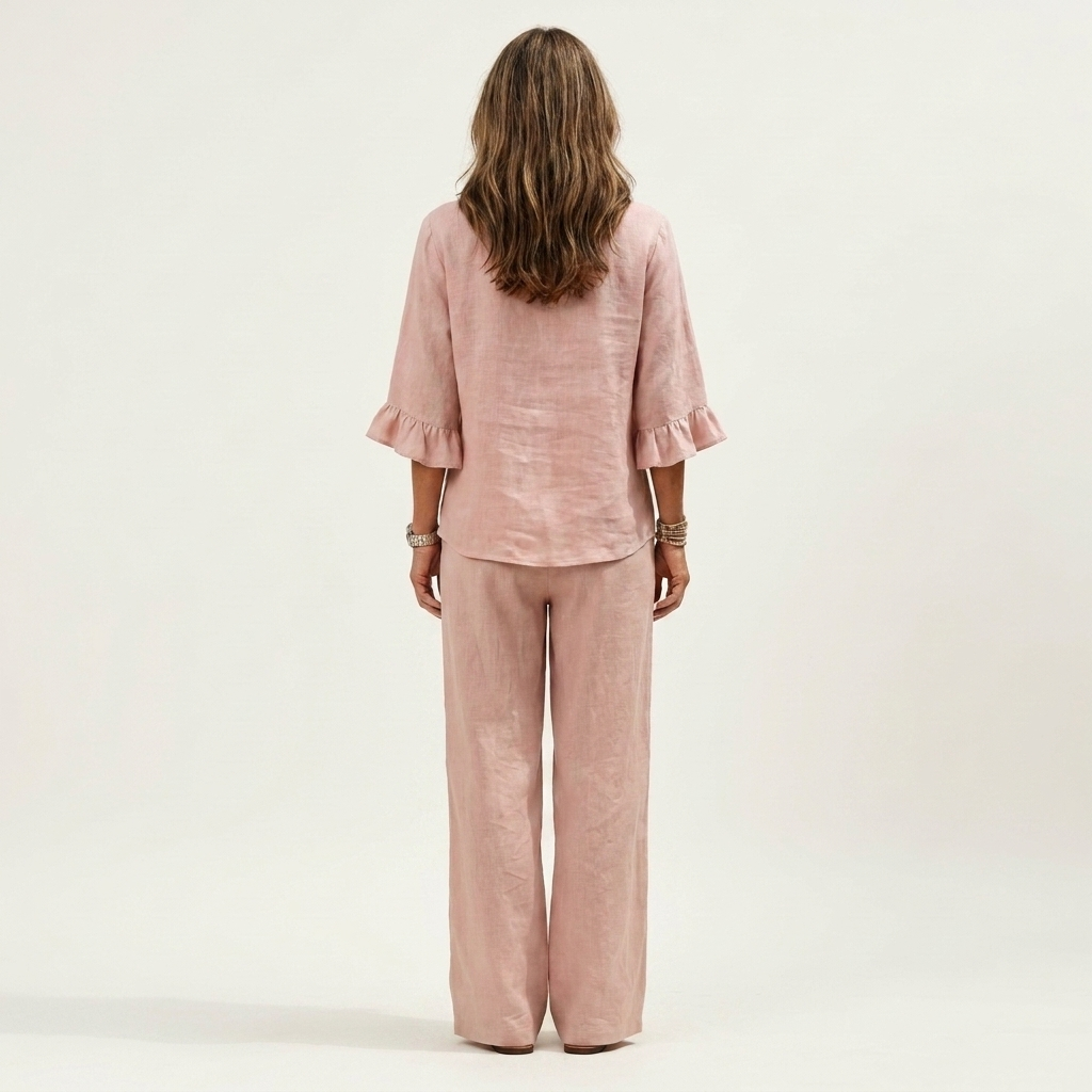 Veronica | Ruffle Sleeve Button-Front Top & Wide-Leg Pants Two-Piece Set