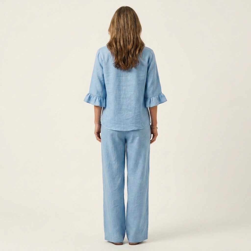 Veronica | Ruffle Sleeve Button-Front Top & Wide-Leg Pants Two-Piece Set