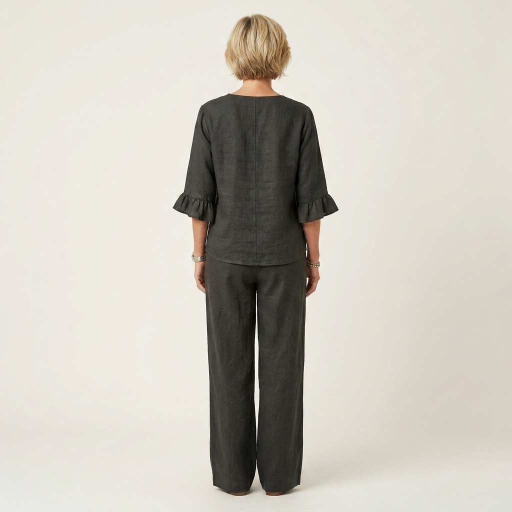 Veronica | Ruffle Sleeve Button-Front Top & Wide-Leg Pants Two-Piece Set