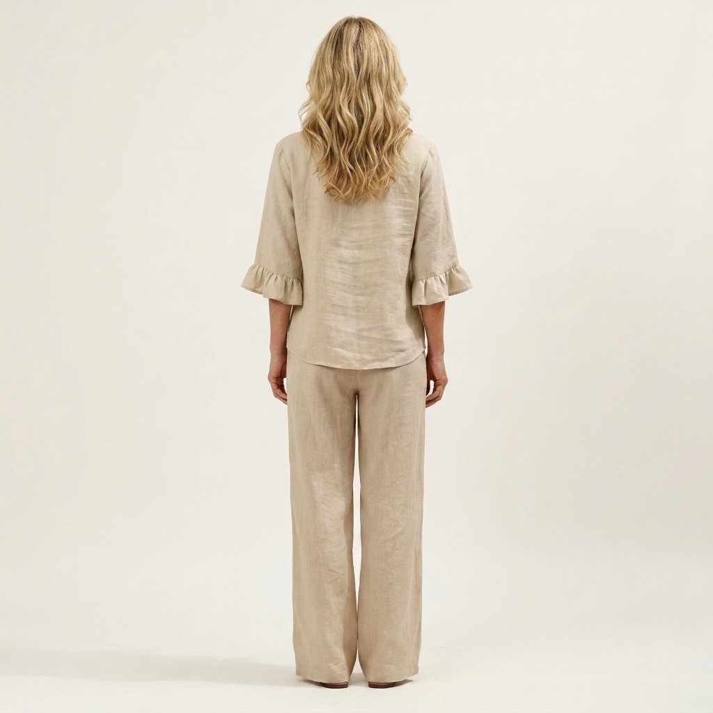 Veronica | Ruffle Sleeve Button-Front Top & Wide-Leg Pants Two-Piece Set