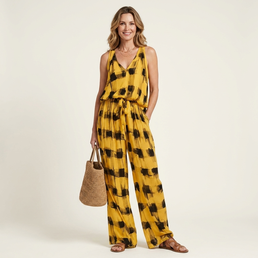 Claire | Brushstroke Check Print V-Neck Top & Wide-Leg Pants Two-Piece Set