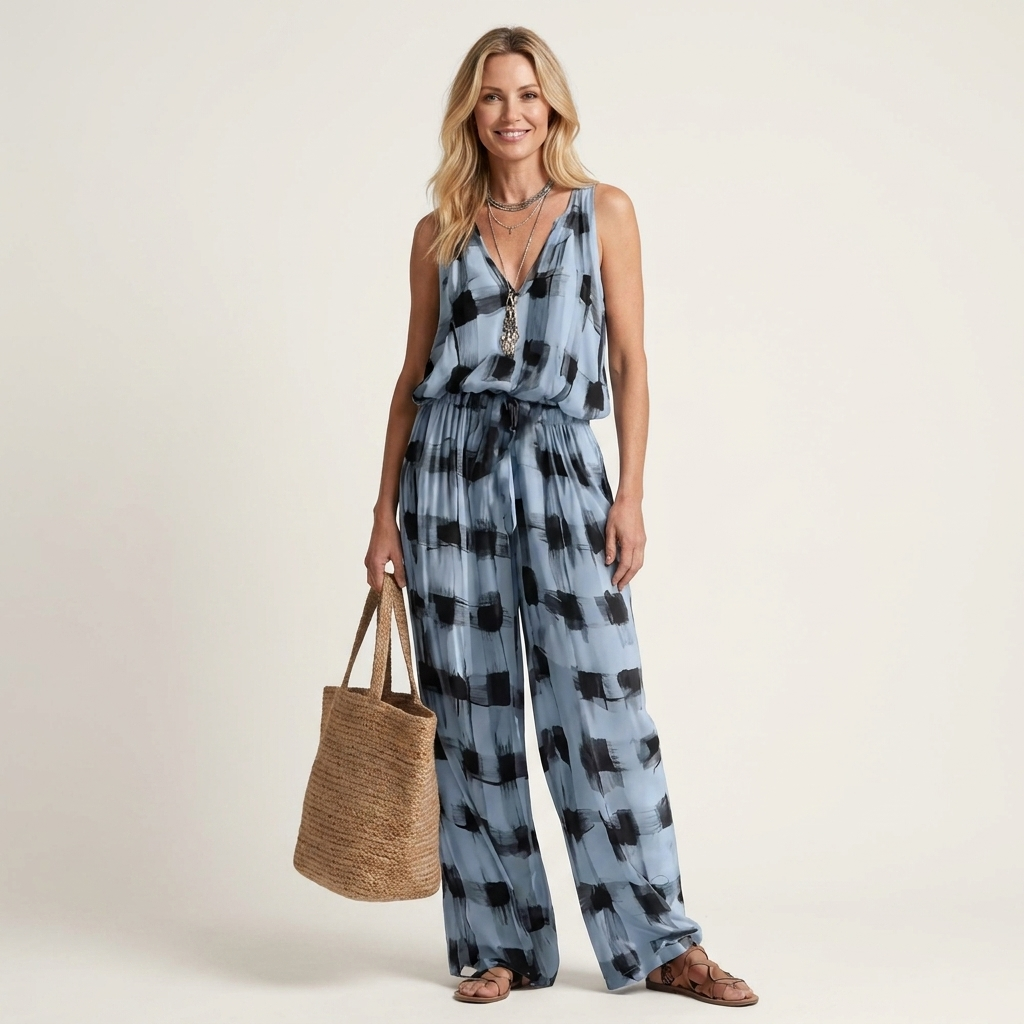 Claire | Brushstroke Check Print V-Neck Top & Wide-Leg Pants Two-Piece Set