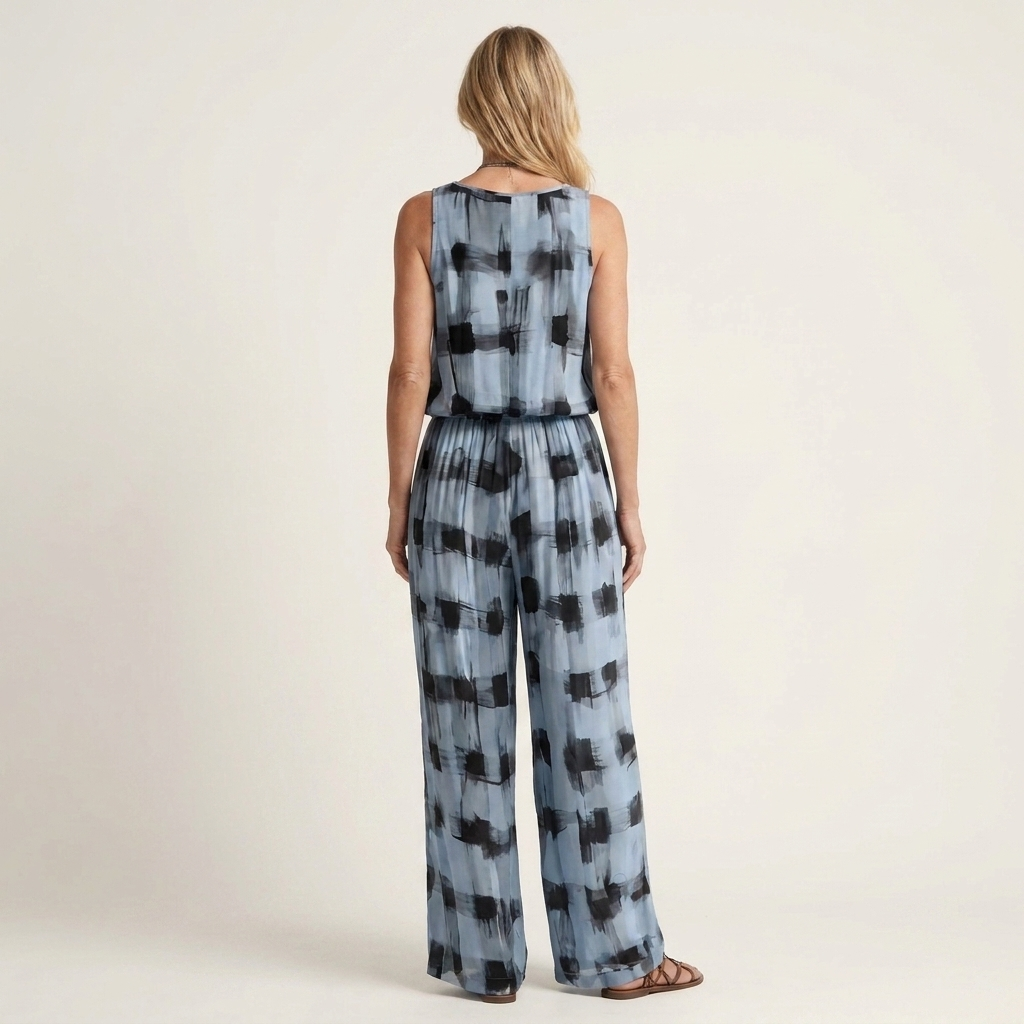 Claire | Brushstroke Check Print V-Neck Top & Wide-Leg Pants Two-Piece Set