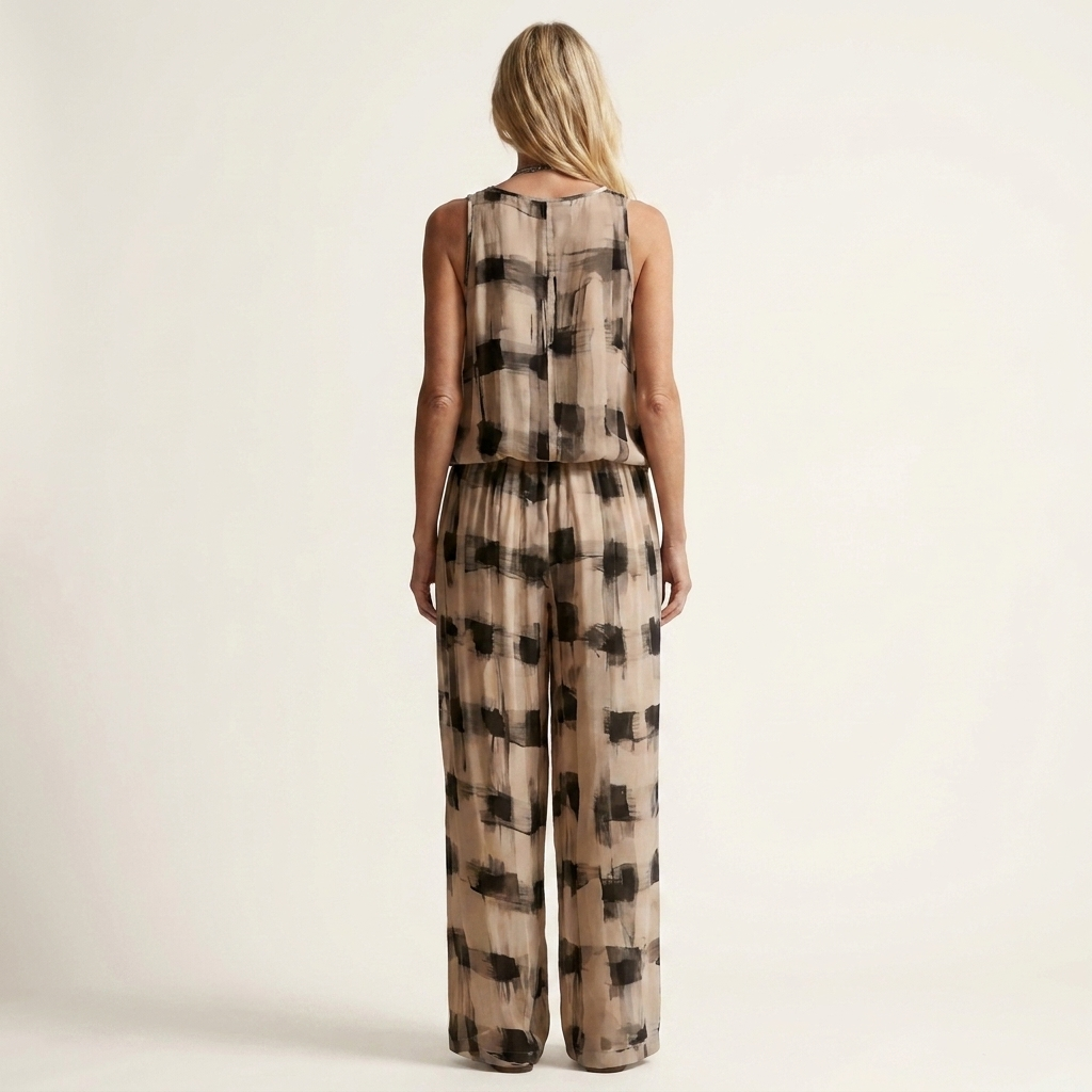 Claire | Brushstroke Check Print V-Neck Top & Wide-Leg Pants Two-Piece Set