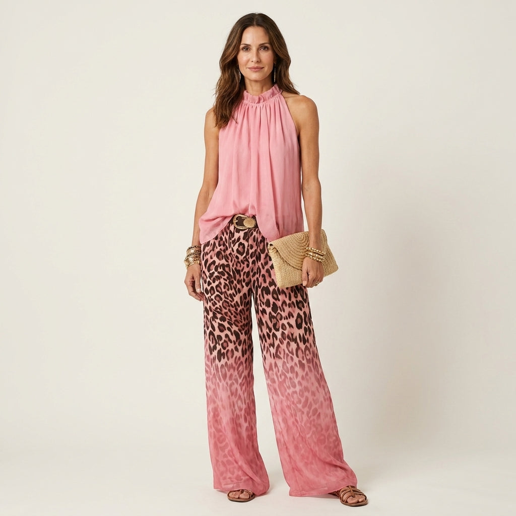 Roxanne | Ruffle Halter Top & Leopard Gradient Wide-Leg Pants Two-Piece Set