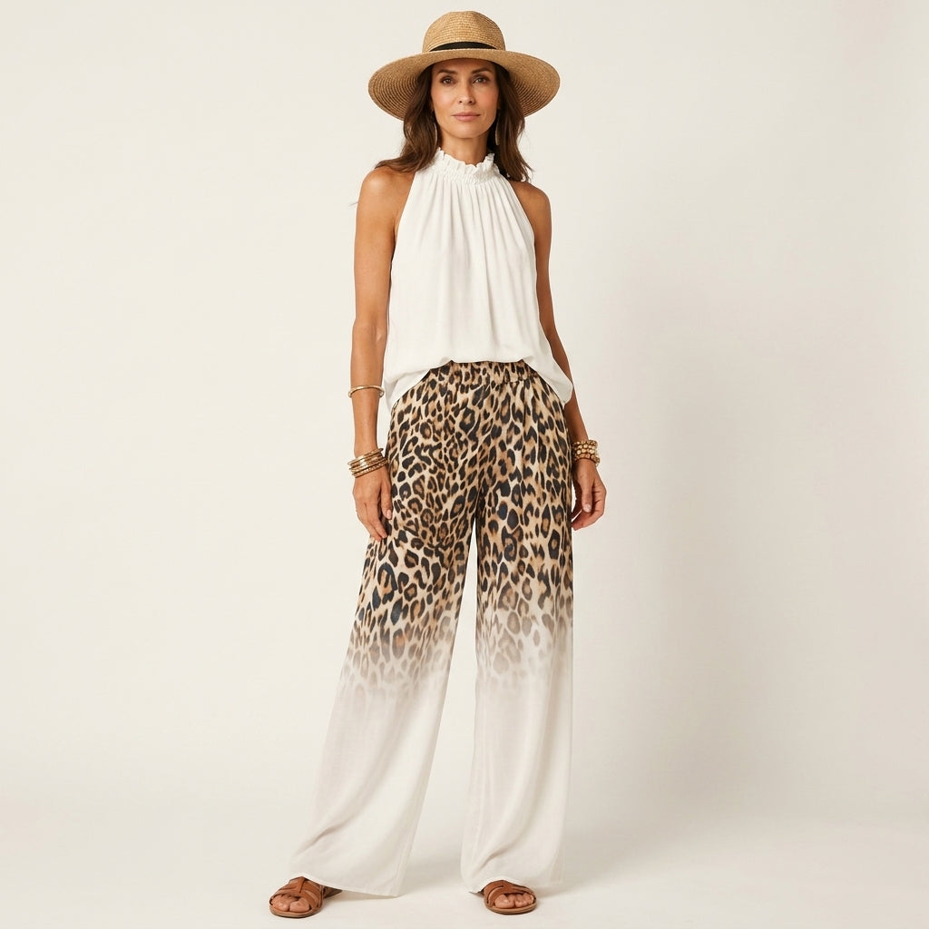 Roxanne | Ruffle Halter Top & Leopard Gradient Wide-Leg Pants Two-Piece Set