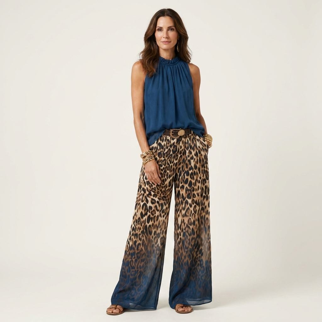 Roxanne | Ruffle Halter Top & Leopard Gradient Wide-Leg Pants Two-Piece Set