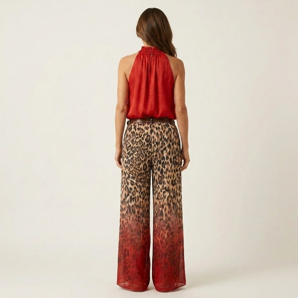 Roxanne | Ruffle Halter Top & Leopard Gradient Wide-Leg Pants Two-Piece Set