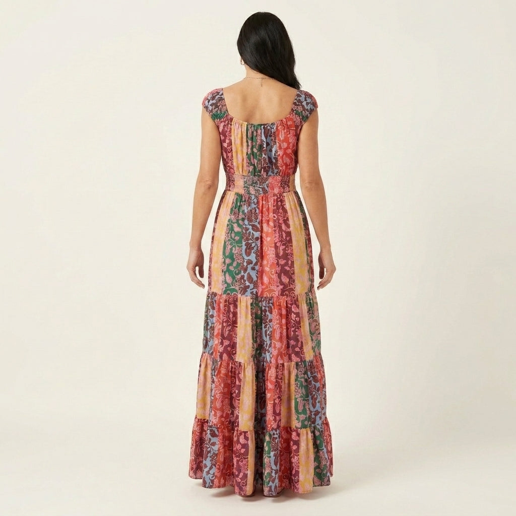 Marrela | Patchwork Floral Print Square Neck Tiered Maxi Dress