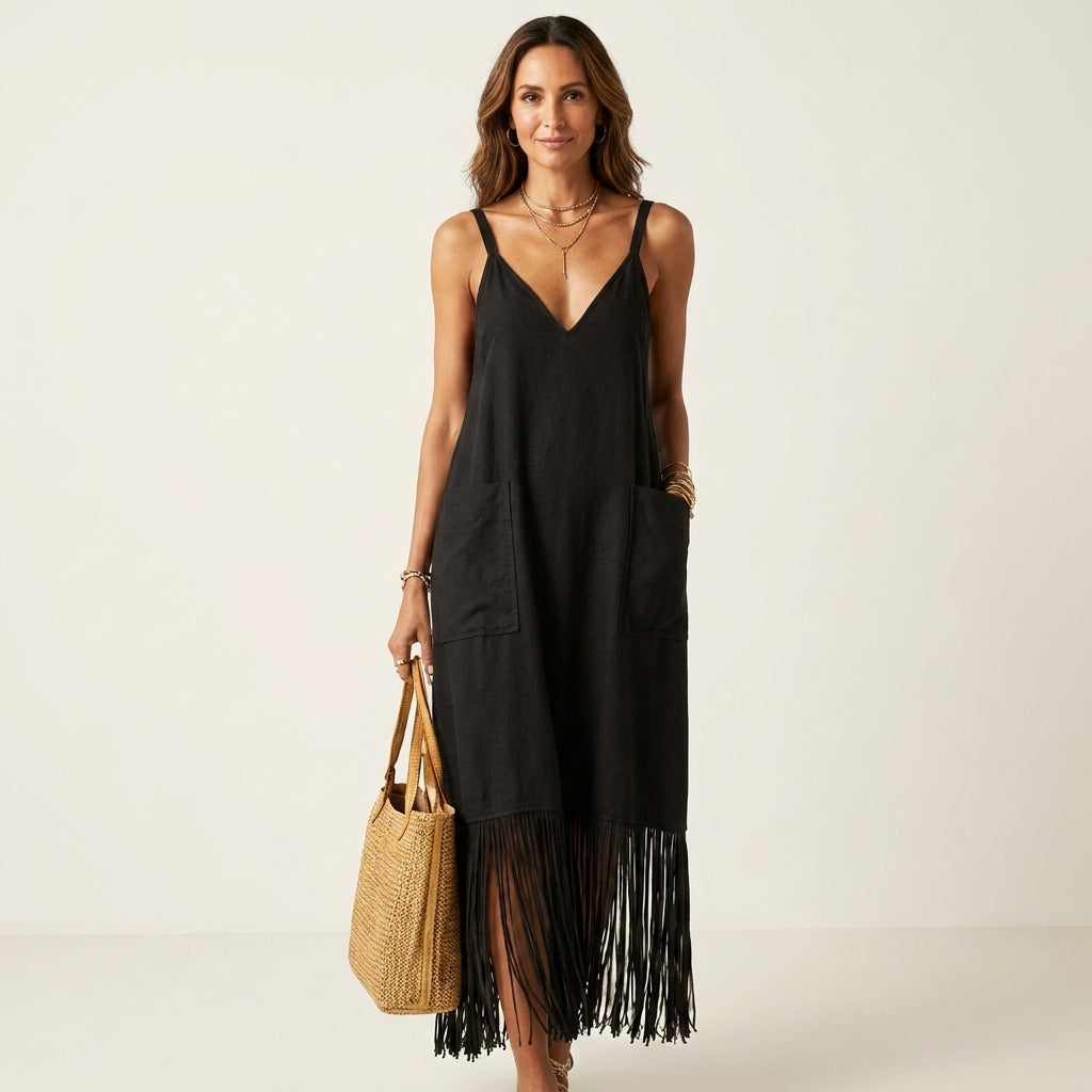 Arelia | V-Neck Fringe Hem Spaghetti Strap Maxi Dress With Pockets