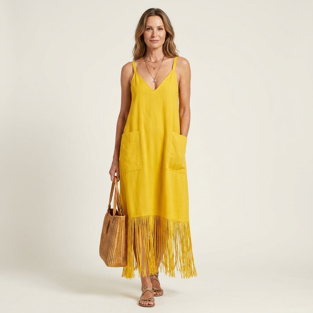 Arelia | V-Neck Fringe Hem Spaghetti Strap Maxi Dress With Pockets