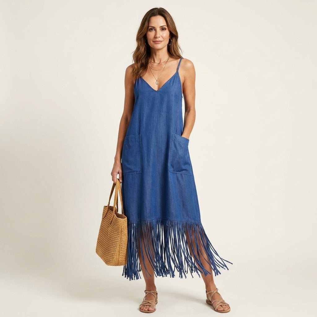Arelia | V-Neck Fringe Hem Spaghetti Strap Maxi Dress With Pockets