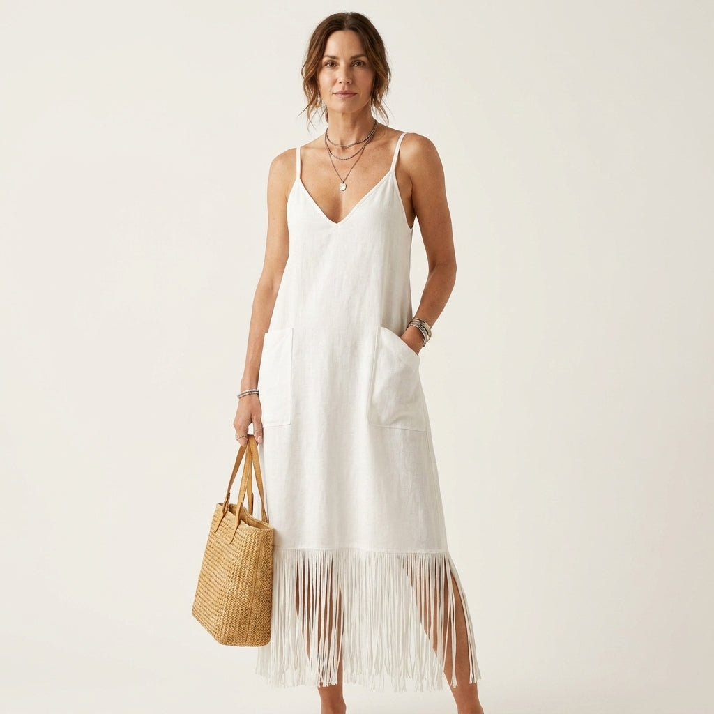 Arelia | V-Neck Fringe Hem Spaghetti Strap Maxi Dress With Pockets