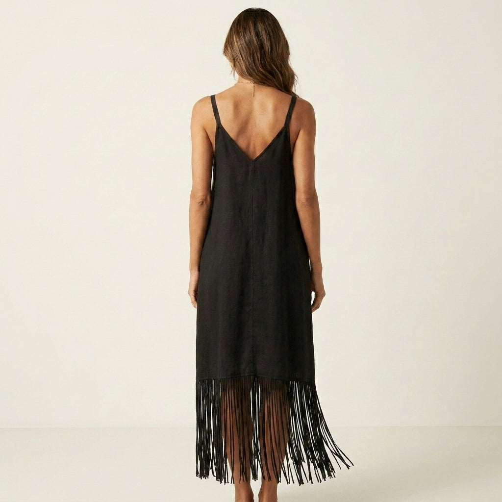 Arelia | V-Neck Fringe Hem Spaghetti Strap Maxi Dress With Pockets